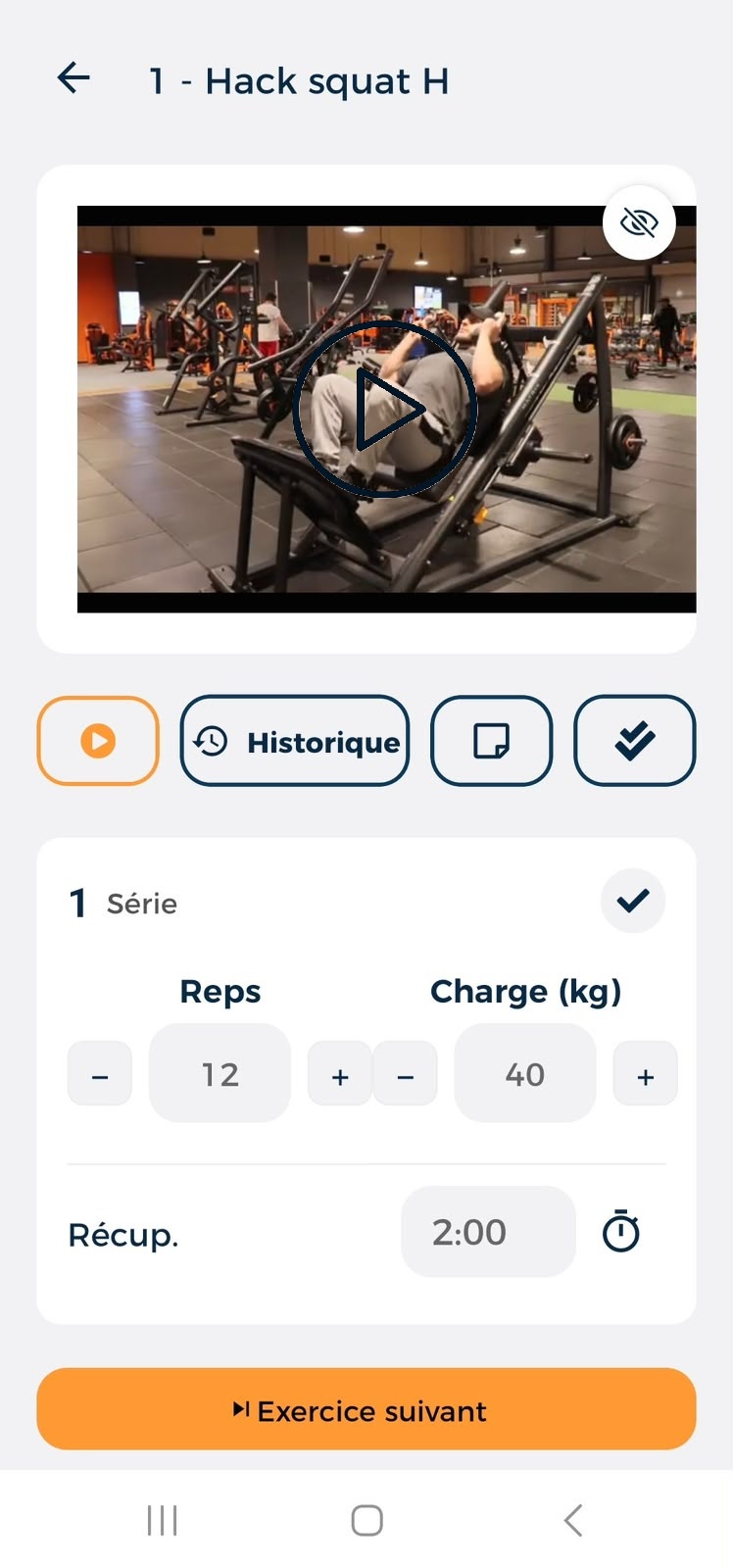 Exercice détaillé avec vidéo, répétitions, charge et récupération dans Hexfit
