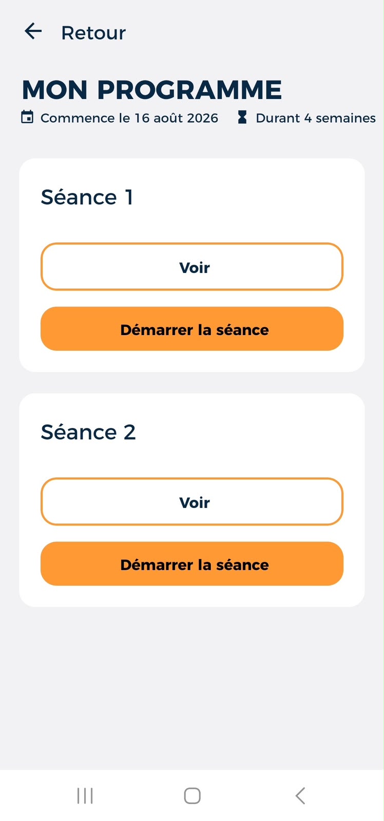 Programme d’entraînement organisé en séances dans l’application Hexfit